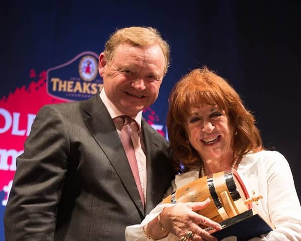 Flashback to 2014 - Winner of the Outstanding Contribution to Crime Fiction Lynda La Plante with Theakston Old Peculier Crime Writing Festival sponsor, Simon Theakston.