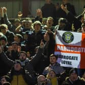 Harrogate Town fans cheer on their team at Valley Parade, home of Bradford City. Pictures: Matt Kirkham