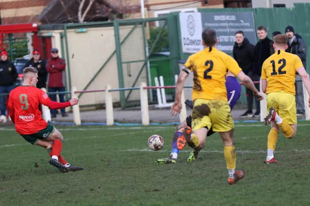 Marcus Day nets Harrogate Railway's 80th-minute winner against Shirebrook Town. Pictures: Craig Dinsdale
