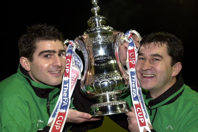 3rd December 2002.   Harrogate Railway football club's Danny Philpott, left, and manager Paul Marshall with the FA cup at Granby High School.