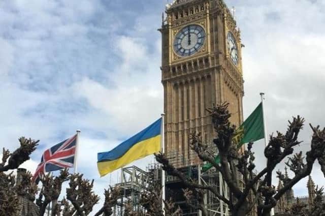 The Ukranian flag flying outside the Houses of Parliament in London today.