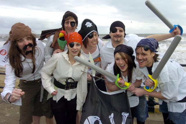 Ahoy there! Taking the pirate's approach to their Sport Relief Mile run are, from left, Tony Shaw, Richard Nichol, Rebecca Shaw, Kirsty Cockell, Katie Wright, James Dickinson and Hannah Howe.