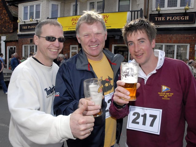 Bottoms up! Preparing for the Scalby Walk with a pint are, from left, Mark Whiteley, Tom Clark and Thomas Hill, from Scarborough Yacht Club.