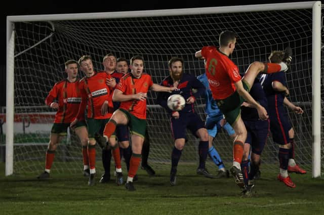 Harrogate Railway pile on the pressure at a set-piece during Tuesday's 1-1 NCEL Division One draw with Rainworth Miners Welfare. Picture: Craig Dinsdale