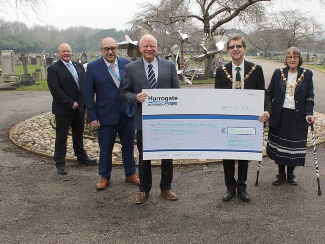 Cheque presentation - Bereavement services manager Stephen Hemsworth, Coun Andy Paraskos, John Pike from MND Association, Harrogate Borough Mayor Coun Trevor Chapman and Mayoress Janet Chapman.