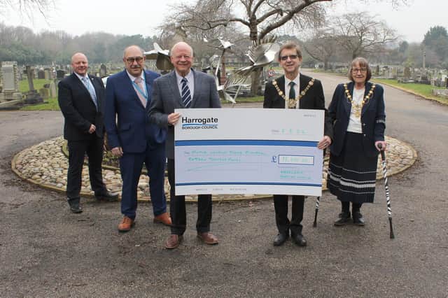 Cheque presentation - Bereavement services manager Stephen Hemsworth, Coun Andy Paraskos, John Pike from MND Association, Harrogate Borough Mayor Coun Trevor Chapman and Mayoress Janet Chapman.