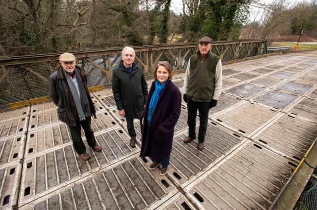 Representatives of Ripon Civic Society and Ripon Military Heritage Trust on site at the Bailey Bridge Testing Ground. Pictures, from left Guy Wilson, Christopher Hughes, Jane Furse and Alan Skidmore on the Heavy Girder Bridge over the River Ure. Picture Bruce Rollinson