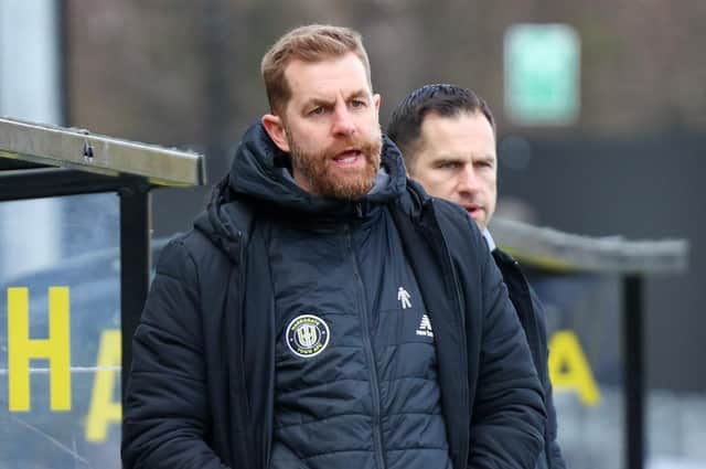 Harrogate Town manager Simon Weaver watches on during Saturday's League Two loss to Hartlepool United. Pictures: Matt Kirkham