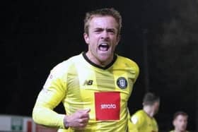 Alex Pattison celebrates after firing Harrogate Town into a 23rd-minute lead against Port Vale on Tuesday evening. Pictures: Matthew Appleby