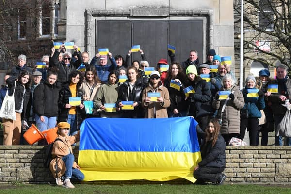 Participants in the Ukraine march gather at the War Memorial in Harrogate. (Picture Gerard Binks)