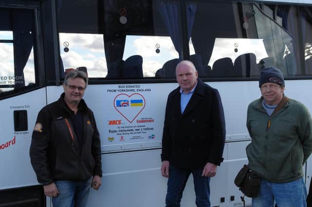 Setting off on a mission to Ukraine - Harrogate businessmen Mark Smith from The HACS Group one of the main sponsors, Ray Allott and James Fulcher.
