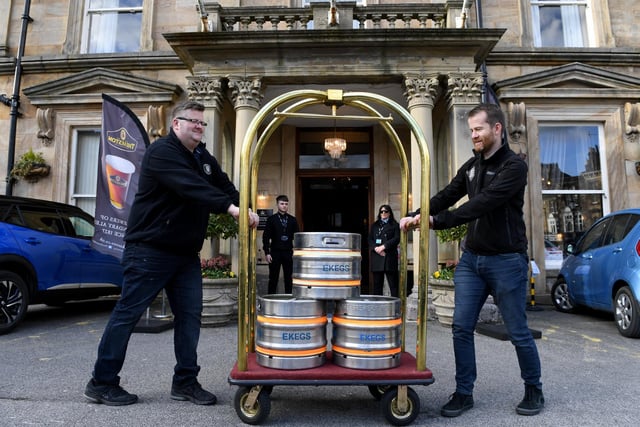 Matt Hamilton of Daleside and Ian Galbraith from Kirkstall Brewery delivering beer to the Crown Hotel