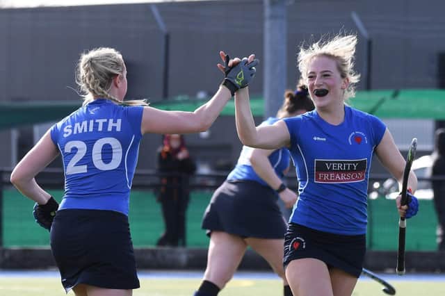Harrogate Hockey Club Ladies celebrate taking a 2-0 lead against Stokesley at Ainsty Road. Pictures: Gerard Binks