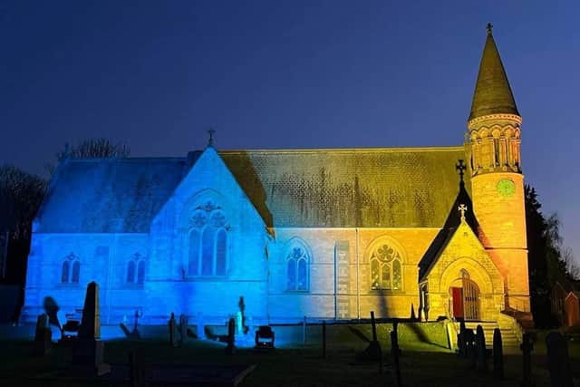 Tockwith Church was lit up in blue and yellow to show solidarity and support for Ukraine