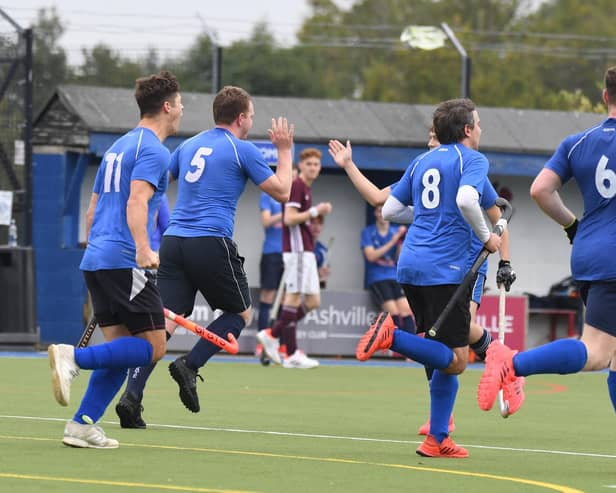 Harrogate Hockey Club's Men's 1st XI celebrate. Picture: Gerard Binks