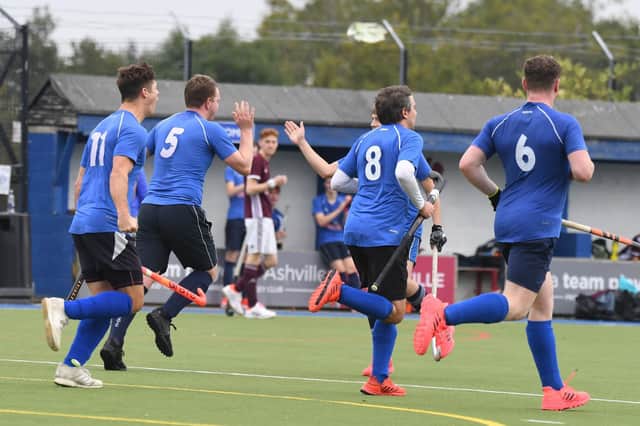 Harrogate Hockey Club's Men's 1st XI celebrate. Picture: Gerard Binks