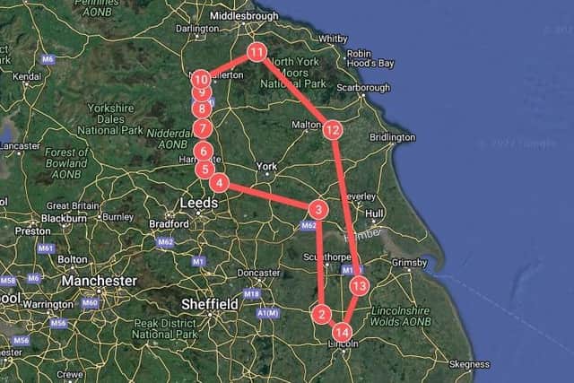 A map of the route the Red Arrows will be taking over Yorkshire and Lincolnshire this afternoon