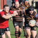 Matt Leach powers towards the try-line during Harrogate Pythons RUFC’s Yorkshire Three demolition of Ossett. Picture: Submitted