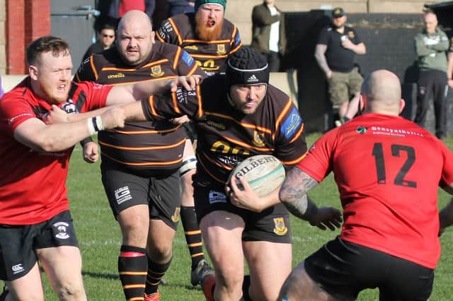 Matt Leach powers towards the try-line during Harrogate Pythons RUFC’s Yorkshire Three demolition of Ossett. Picture: Submitted