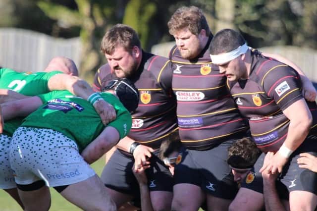 Harrogate RUFC's front-row prepare for a scrum during Saturday's National Two North derby loss at Wharfedale. Picture: Brian Coser courtesy of Harrogate RUFC