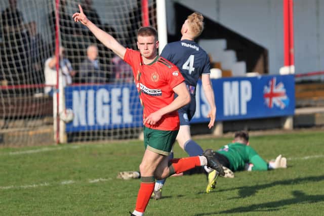 Marcus Day celebrates after netting Harrogate Railway's 60th-minute winner at FC Humber United.