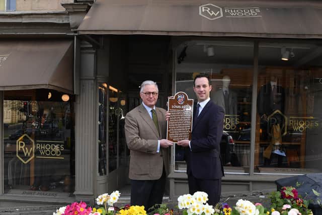Plaque unveiled in Harrogate - Jeremy Beaumont, the owner of present-day gentleman’s clothing store Rhodes Wood, with property consultant Alex Goldstein, the great grandson of the Louis Copé shop's founder.