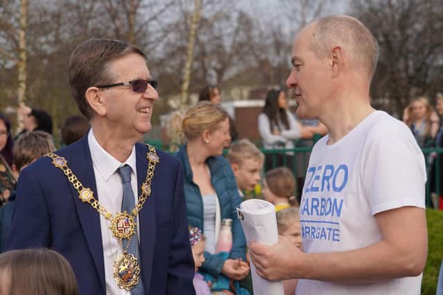 The Mayor of Harrogate Trevor Chapman and Pete Turner from Zero Carbon Harrogate were in attendance at Willow Tree Primary School's Walk to School Day