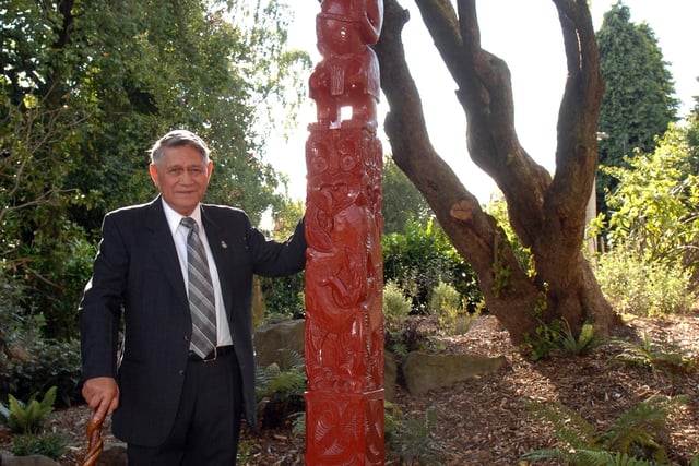 Kaumatua Sam Jackson performs a traditional Maori blessing on the historic pou whenua gifted by Wellington City Council in the New Zealand garden part of the Valley Gardens in Harrogate.