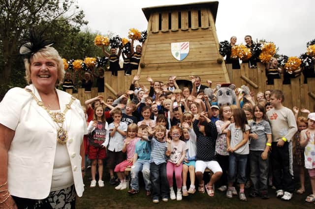 Mayor of Harrogate Coun Pat Jones officially opens the new playground in Valley Gardens.
