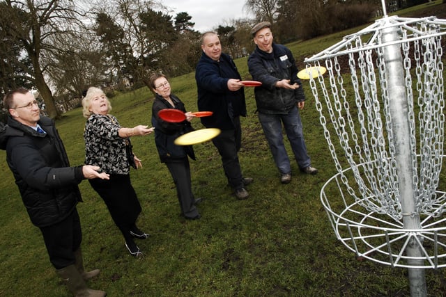 Conor Davies, Mayor of Harrogate Coun Pat Jones, Kirsty Stewart, Chris Harrison and Simon Collier try the new Disc Golf course at Valley Gardens.