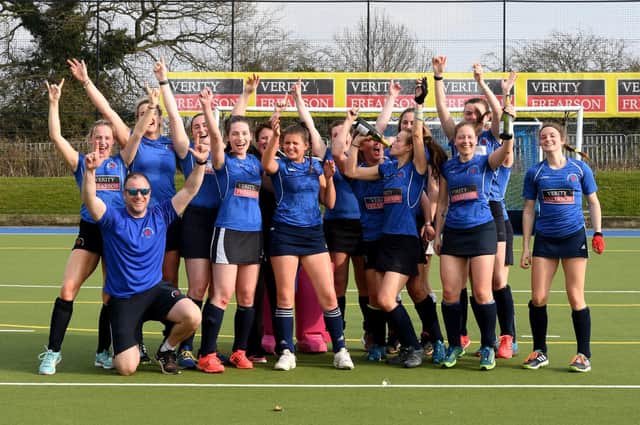 Harrogate Hockey Club Ladies celebrate after winning the Yorkshire & North East Premier Division title. Pictures: Gerard Binks