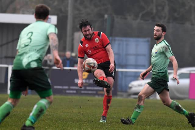 Colin Heath netted an important late goal as Knaresborough Town drew 1-1 with Sherwood Colliery in midweek. Picture: Gerard Binks