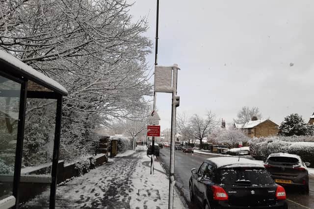 Harrogate commuters on a snow Knaresborough Road this morning.