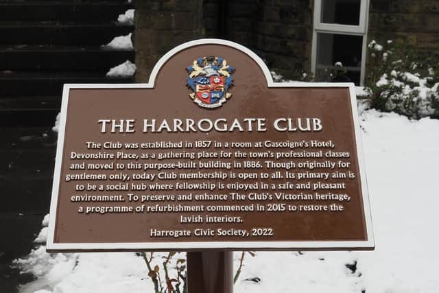 The new plaque at The Club at 16 Victoria Avenue in Harrogate which first opened its doors on 1886.