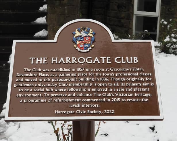 The new plaque at The Club at 16 Victoria Avenue in Harrogate which first opened its doors on 1886.