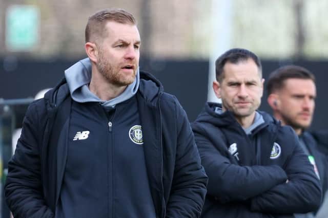 Harrogate Town manager Simon Weaver, left, and his assistant, Paul Thirlwell, watch on from the sidelines during Saturday's 2-1 home defeat to Colchester United. Pictures: Matt Kirkham