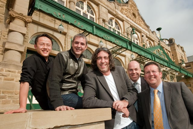 The inaugural Harrogate Hospitality and Tourism Awards will be presented by TV celebrities Neil Morrissey and Richard Fox on 1st June 2009. Ye Olde Punch Bowl owners from Channel 4’s ‘Risky Business’ will be announcing the winners during a special gala dinner at the Royal Hall, Harrogate. On the steps at the Royal Hall  are the awards committee members with Morrissey and Fox, from left to right; Bokmun Chan, Neil Morrissey, Richard Fox, David Ritson and Simon Cotton.