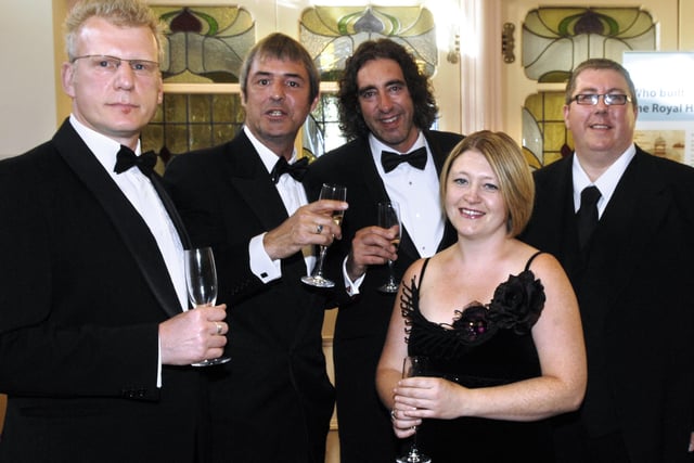 Pictured from left are Phil Hopkins, Neil Morrisey, Richard Fox, Maria Dawbarn (wearing a dress made by the jewellery department at Henshaws Arts and Crafts) and Simon Burgon.