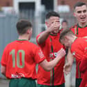 Harrogate Railway players celebrate one of their goals during Saturday's 4-1 home success over Retford. Pictures: Craig Dinsdale