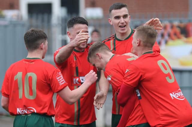 Harrogate Railway players celebrate one of their goals during Saturday's 4-1 home success over Retford. Pictures: Craig Dinsdale
