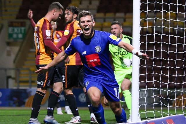 Lloyd Kerry celebrates after scoring the only goal of the game during Harrogate Town's 1-0 success over Bradford City in front of live Sky Sports cameras back in October 2020.