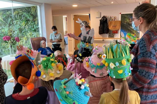 Pupils from Rossett Acre Primary School created their own handmade Easter bonnets to show to staff and residents at Vida Grange care home