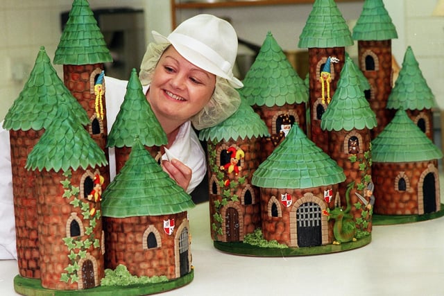 Lesley Norris, Product Development Manager, for Bettys Bakeries working on their "Fairytale castles" which were the centrepieces for the shop displays at Easter.