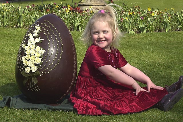 Freya Gledhill, two, with giant Easter Egg from Betty's at Harrogate.