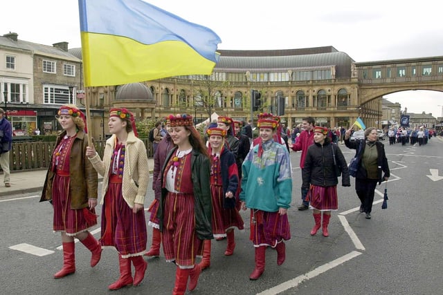Folk dancers from The Ukraine bring a little colour to the streets of Harrogate for the Easter Parade of the International Youth Music Festival. April 19 2003.