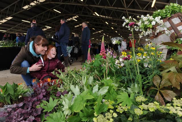 22nd May 2021
Flower Show 2021 Spring Essentials, Harrogate.
Pictured Jenny Marshall and her 6 year old daughter Poppy take a look at one of the flower displays at the show
Picture Gerard Binks