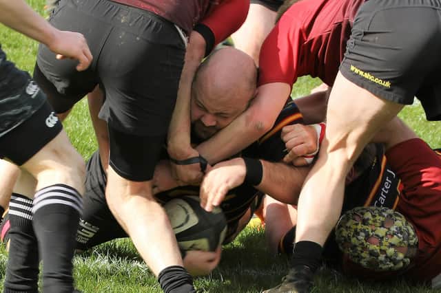 Harrogate Pythons prop Nathan Wake burrows his way through to the try-line during Saturday's 50-0 thrashing of Skipton RFC. Picture: Submitted