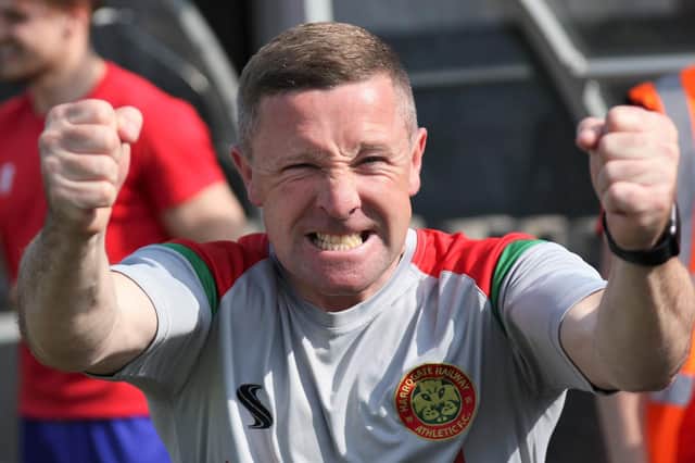 Mick O'Connell celebrates Harrogate Railway's NCEL Division One play-off semi-final win over Brigg Town. Pictures: Craig Dinsdale