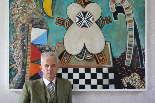 The late  Andrew Stewart in front of a painting by Alan Davie at his Harrogate gallery, 108 Fine Art.