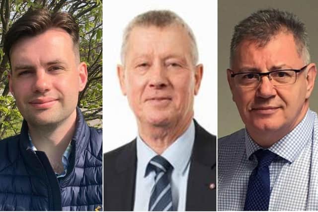 Left to right: Current councillors Matt Scott, Mike Chambers and Graham Swift are amongst the 21 Conservatives standing for election.